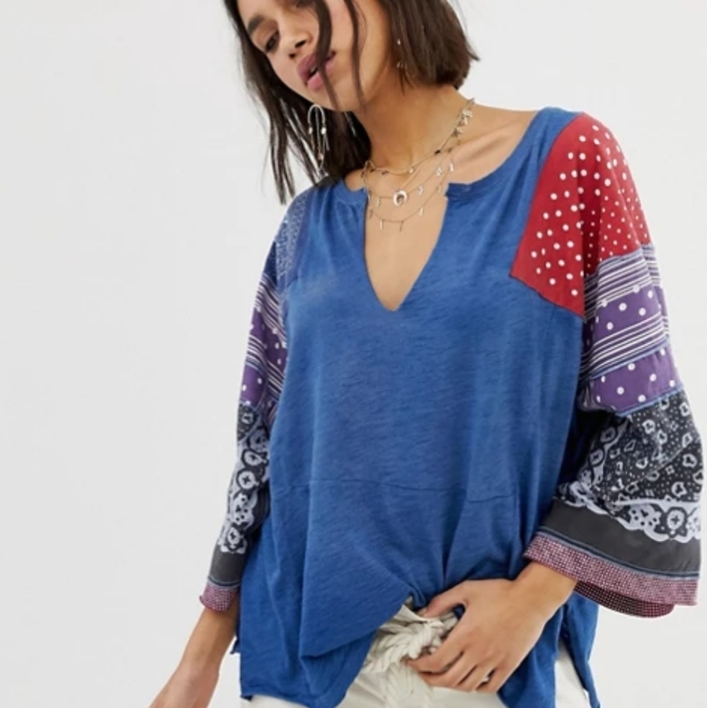 Free People Blue and Red Patterned Tunic